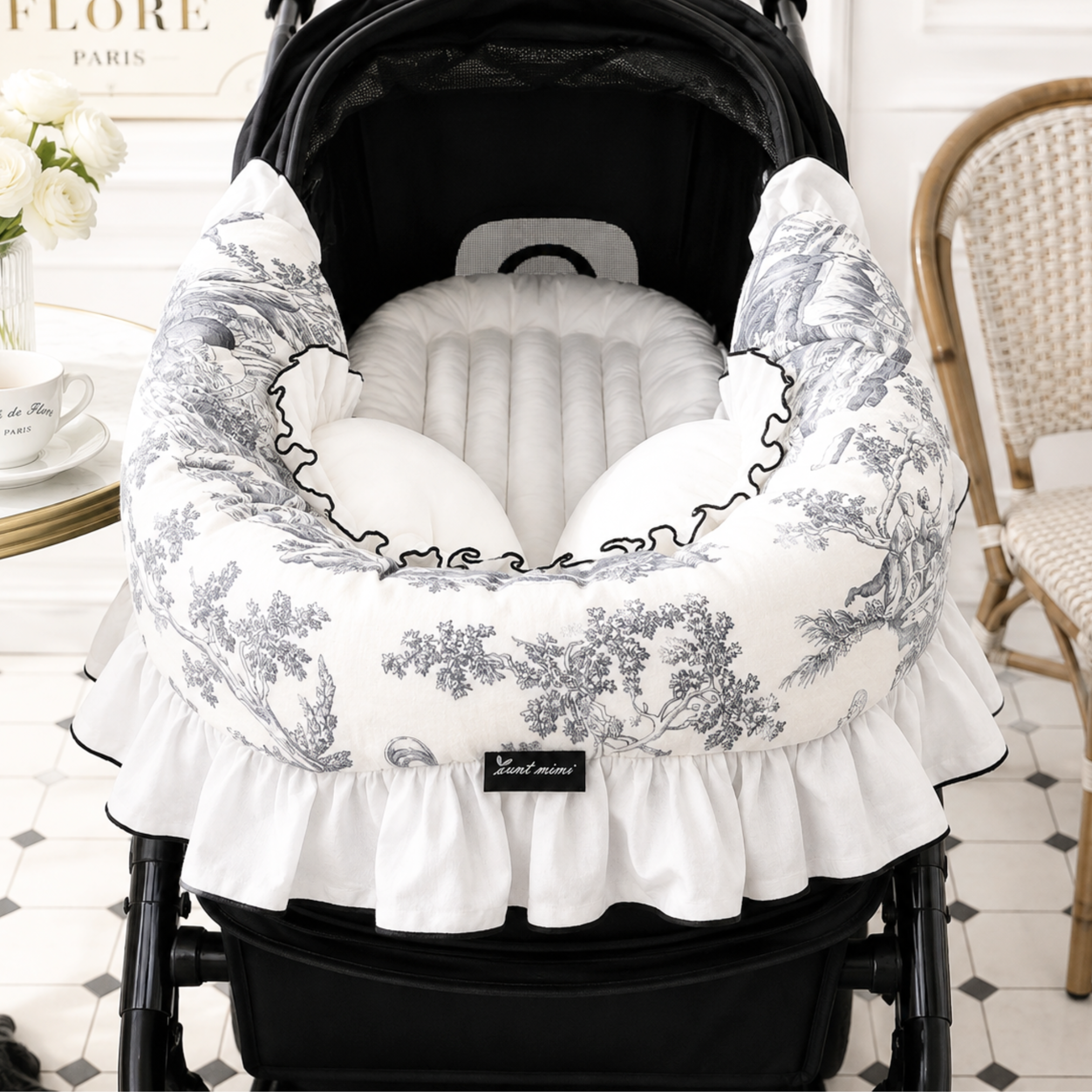 NEW｜即納【auntmimi】 Guard Cushion ｜Frill Toile de Jouy Gray